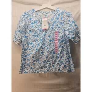 Draper James Blouse Size Small Womens V-Neck Puff Sleeve Sleeve Blue Paisley